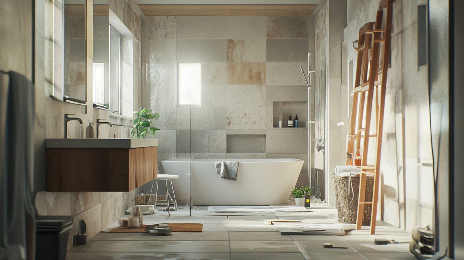 Professional team doing remodeling work for converting old bathroom to modern design